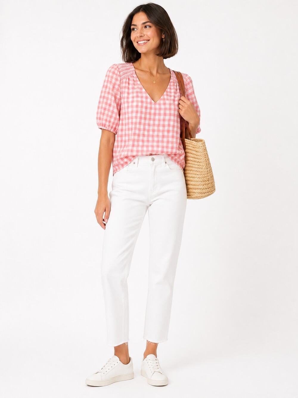 J.Crew Pink White Gingham Cotton Popover Blouse XL Relaxed Preppy Coastal Top